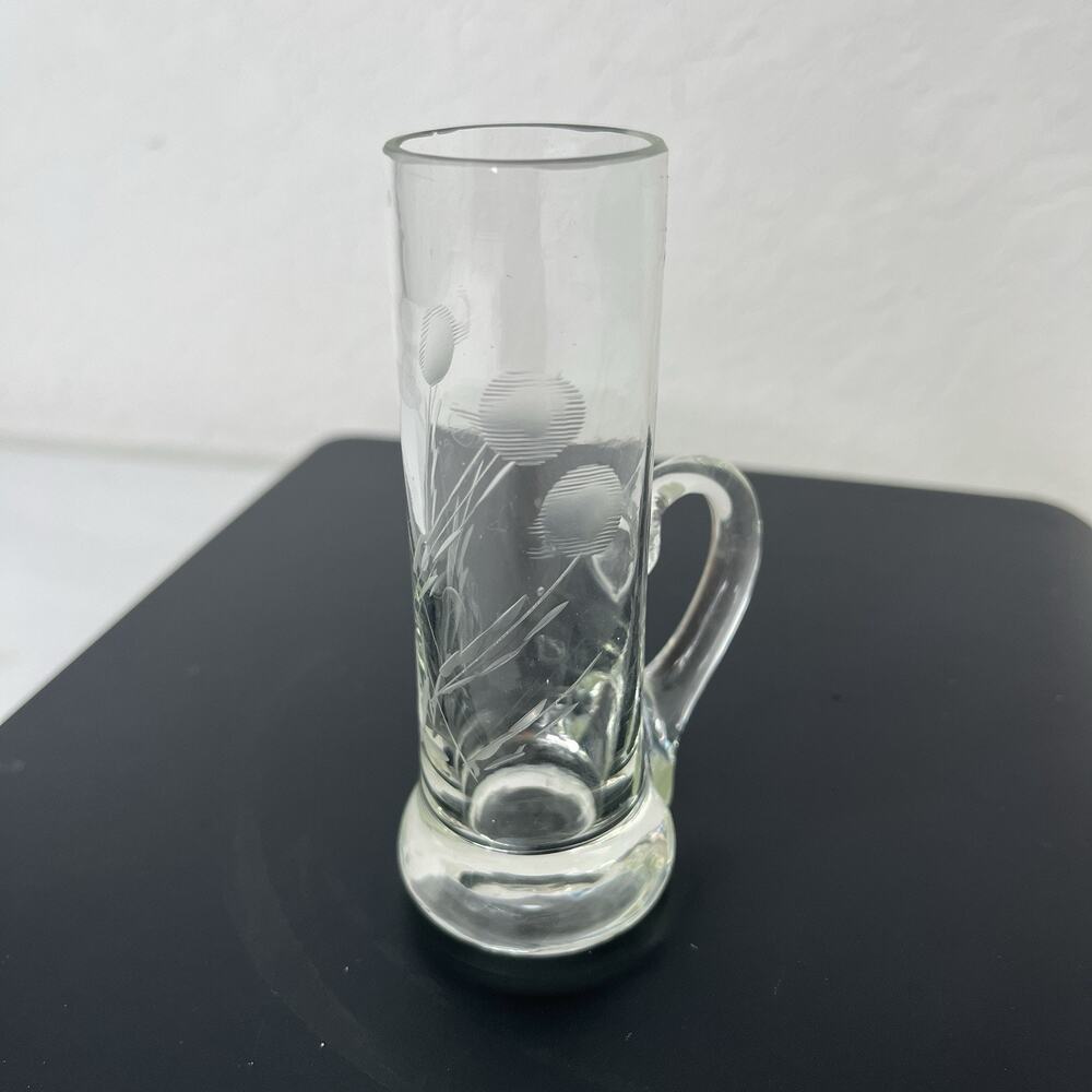Vintage etched crystal Shot or cordial Glass with a handle unbranded decorative.